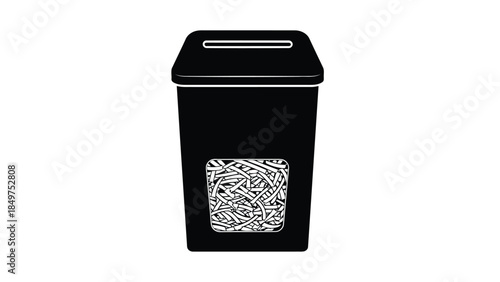 Minimalist black silhouette of a trash can with a slot on top and a transparent window showing crumpled paper, isolated on white background