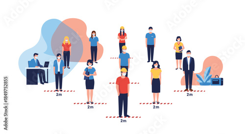 An illustrative concept of social distancing with diverse people standing 2 meters apart to prevent virus transmission.