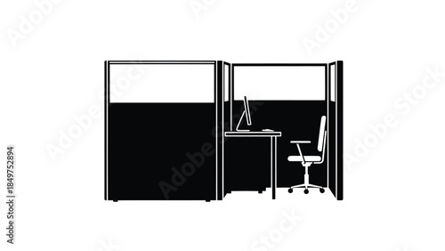 Office cubicle with desk and chair silhouette isolated on white background