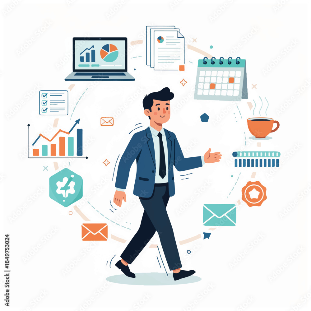 Fototapeta premium A businessman walking surrounded by icons representing various business tasks and tools, symbolizing productivity and organization.