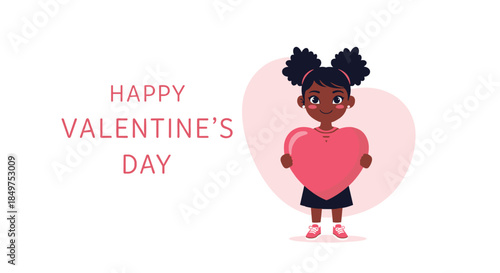 Adorable Valentine's Day card featuring a cute little Black girl with afro puffs holding a big pink heart with a smile.