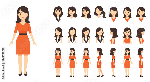 A complete character creation set of a woman in an orange dress, featuring various poses, head angles, and facial expressions.