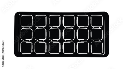 Silhouette of a black ice cube tray with 16 square cavities on a isolated on white background