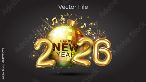 Happy New Year 2026 golden logo with disco ball and music notes on vibrant festive fireworks background.
