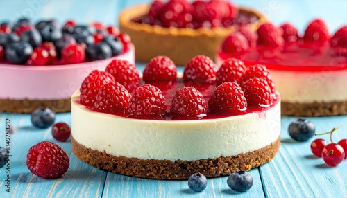 Delicious mini cheesecakes topped with fresh raspberries and blueberries on a blue wooden table.