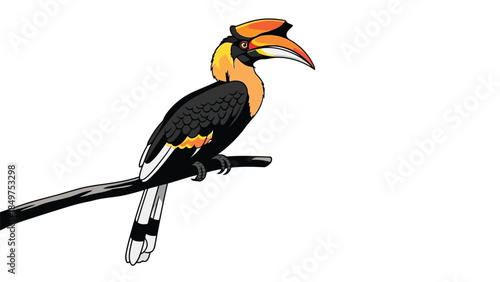 Colorful hornbill bird perched on branch flat illustration isolated on white background