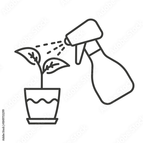 bottle spraying a plant pot icon, plant watering and care, gardener using a spray to moisten seedlings, vector illustration