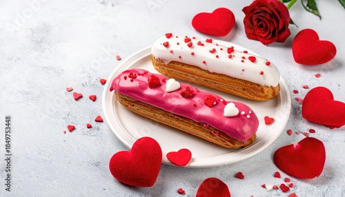 Two delicious eclairs decorated with pink and white icing hearts and sprinkles for a romantic celebration.