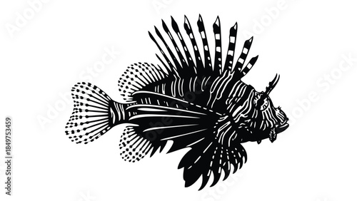 Black silhouette of lionfish swimming right with striped fins and spines isolated on white background