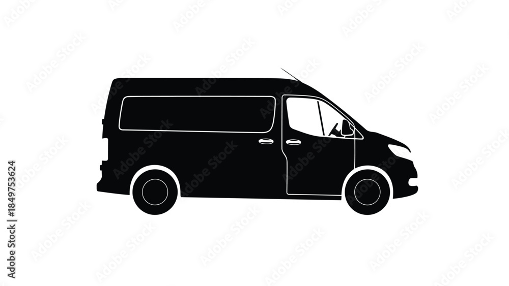 Fototapeta premium Black silhouette of a van against a isolated on white background