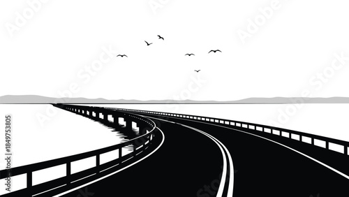 Silhouette of a winding road with guardrails and birds flying overhead in a flat illustration style isolated on white background