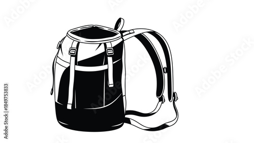 Black backpack silhouette with straps isolated on white background