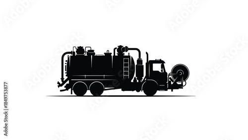 Black silhouette of a large industrial truck with a hose reel on a isolated on white background