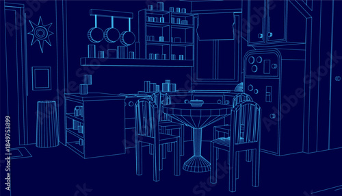 Blueprint kitchen layout for an apartment interior design, featuring a table with chairs, cupboard, refrigerator, and objects on a deep blue background.