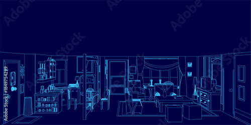 A blue contour drawing of an apartment living room features a table, chairs, and cupboards on a dark, mysterious background.