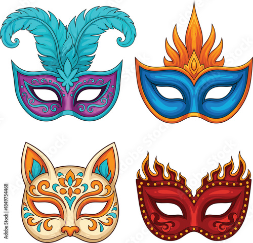Ornate masquerade masks set for carnival and party celebration