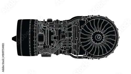 Detailed black and white line drawing of airplane jet engine with fan blades isolated on white background