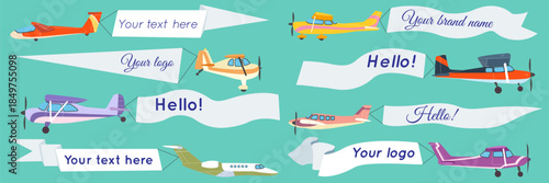 Plane with flag, banner on ribbon. Fly on airplane. Air news, advertising aviation. Vehicle with ribbon. Aerial transport. Message in sign, propeller planes and jet. Vector marketing for advertising