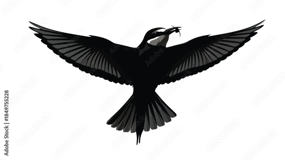Naklejka premium Black bird in flight silhouette with outstretched wings and insect isolated on white background