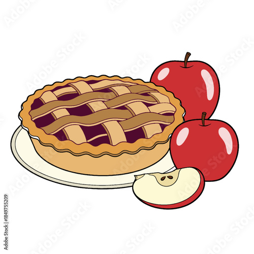Freshly baked apple pie with 2 apples served around it