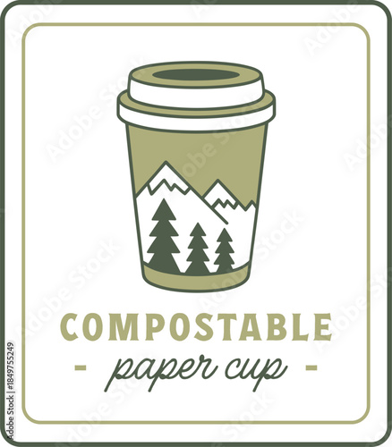 Compostable paper cup eco friendly biodegradable disposable takeaway drink packaging logo label sticker design. Natural plastic free lid green aesthetic coffee tea organic drawing isolated clipart.