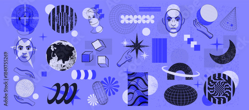 Y2k cyberpunk. Retro futuristic. Graphic decorative element. Brutalism, bitmap texture, halftone noise. Tattoo human face. Planet, globe icon, stars and moon. Vector vintage garish logo isolated set