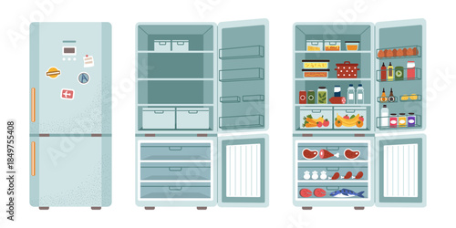 Refrigerator. Fridge closed and open with food. Food storage. Kitchen appliance. Cooling, daily meal intake, frozen preservation. Shelves with fruits. Vector tidy cartoon flat isolated illustration