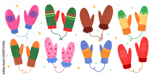 Winter glove. Snow mitten. Cozy design for hands. Child element fashion. Knitted glove, seasonal clothing. Warm pattern. Christmas, New Year apparel. Vector tidy cartoon flat isolated illustration