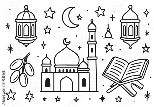 Ramadan Kareem Hand Drawn Doodle Set with Mosque, Islamic Lanterns, Quran and Moon
