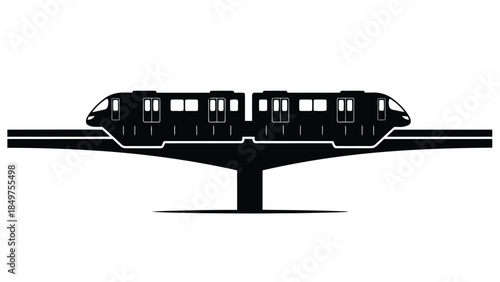 Monorail train on elevated track silhouette isolated on white background