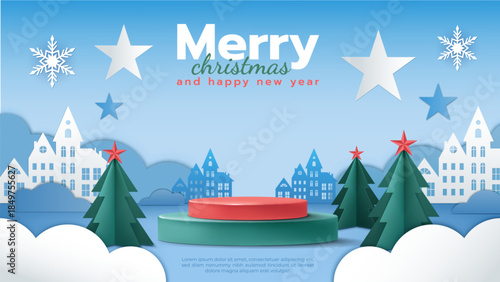 Marry Christmas background. 3D product podium, empty platform. Paper cut element. Holiday tree, snow and snowflake. Winter decoration. Celebration landscape, New Year promotion. Vector greeting card