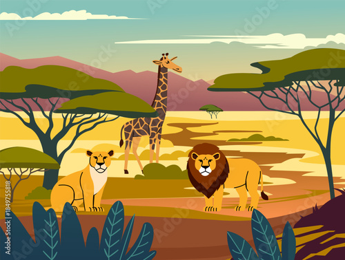 Zoo park. African nature. Wild animals. Savannah nature. Giraffe and lion at meadow. Safari field panorama. Travel in Africa. Mammals wildlife. Natural panorama. Wilderness scene. Vector background