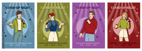 Comedy show. Monologue on stage. Artists club. Woman and man with microphone. Humorous performance. Joke stories of speakers. Show promotion, event flyer. Vector cartoon flat isolated illustration