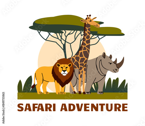 Animal adventure. Zoo park label. Safari nature. African fauna wildlife. Giraffe and lion. Wild rhinoceros. Wilderness scene. Savannah panorama. Travel in Africa. Wild mammals. Vector banner design