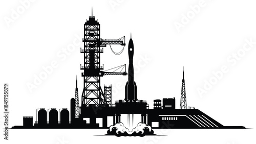 Black silhouette of a rocket on a launchpad with a tower structure isolated on white background