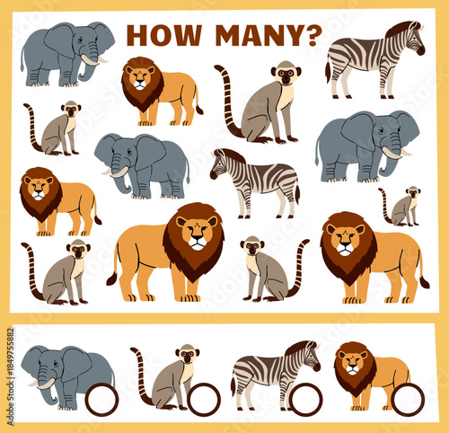 Zoo animal. Workbook test. Cartoon Safari mammals counting. Kids preschool worksheet. How many lemurs. Find identical elephants. Sorting quiz. Children logic game. Vector educational puzzle design