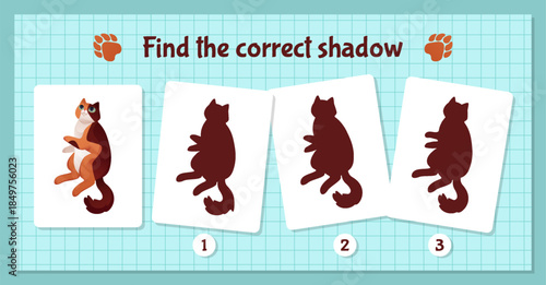 Cartoon pet. Find correct shadow. Cute pet shade. Kitty shapes. Educational matching game for children. Preschool kid worksheet. Mind test. Search right solution. Logic game. Vector puzzle page design