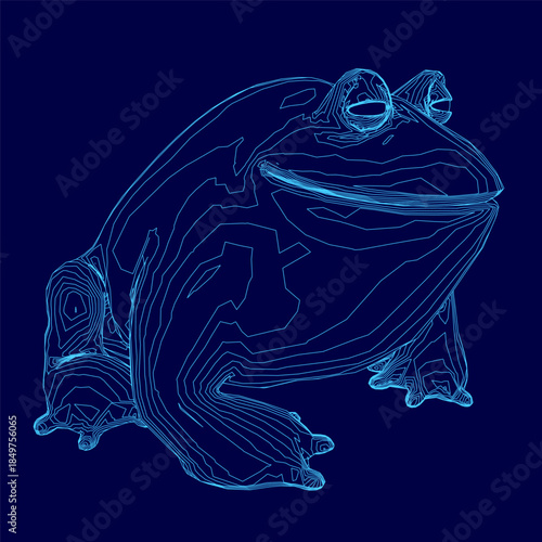 A plump blue frog with a wireframe contour rests on a dark blue background. The intricate line art creates a striking visual contrast.