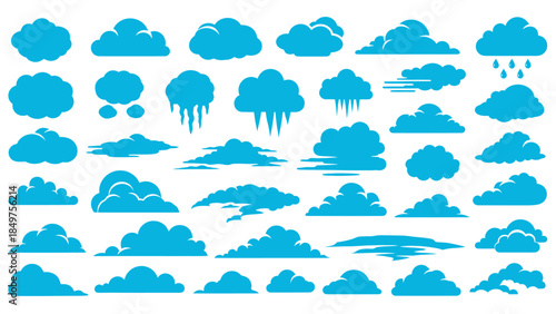 A wide variety of stylized blue cloud vector icons displaying distinct shapes and weather elements like rain drops and wind lines, arranged in rows against a plain white background