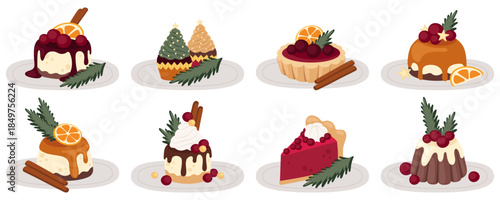 Holiday Dessert Set. Christmas Cakes, Cupcakes, Tarts and Puddings