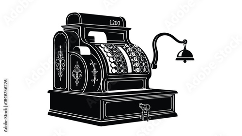 Black vintage cash register silhouette with lamp isolated on white background