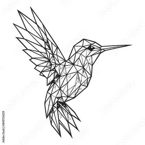 Geometric low-poly hummingbird illustration in flight.
