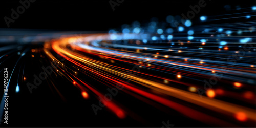 Futuristic neon laser streaks form lines along dark city road at night. Motion trails glow with energy, speed, light, showing swirling traffic, dynamic acceleration in every path. Vector illustration.