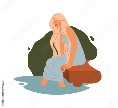 Happy woman in garden. Girl sitting on lake pier. Legs in pond water. Relaxing in nature. Summer leisure and hobby. Young female beauty. Alone rest. Lakeside wooden jetty. Beach calm. Vector concept