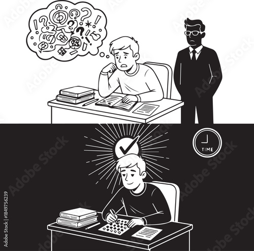 A funny cartoon illustration of a teacher and students in a school office where a woman and boy study books and work on a computer with humor