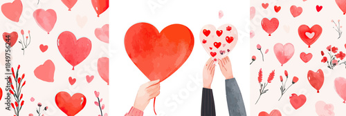 Watercolor heart shaped balloons held by diverse hands with floral and love themed pattern background for Valentine's Day greeting card design vector illustration