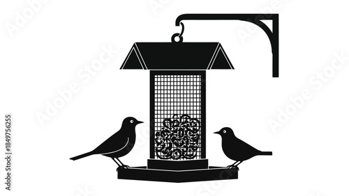 Minimalist silhouette of two birds on a hanging bird feeder with roof, flat design isolated on white background