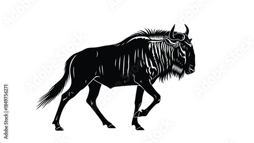 Black wildebeest silhouette walking isolated on white background