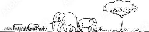 One continuous line drawing of Elephants in the vast savanna are looking for food vector illustration. one line Art icon drawing