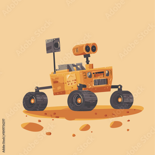 Hand drawn vector illustration of orange Mars rover robot with six wheels exploring rocky terrain in flat minimalist style suitable for kids and space themes